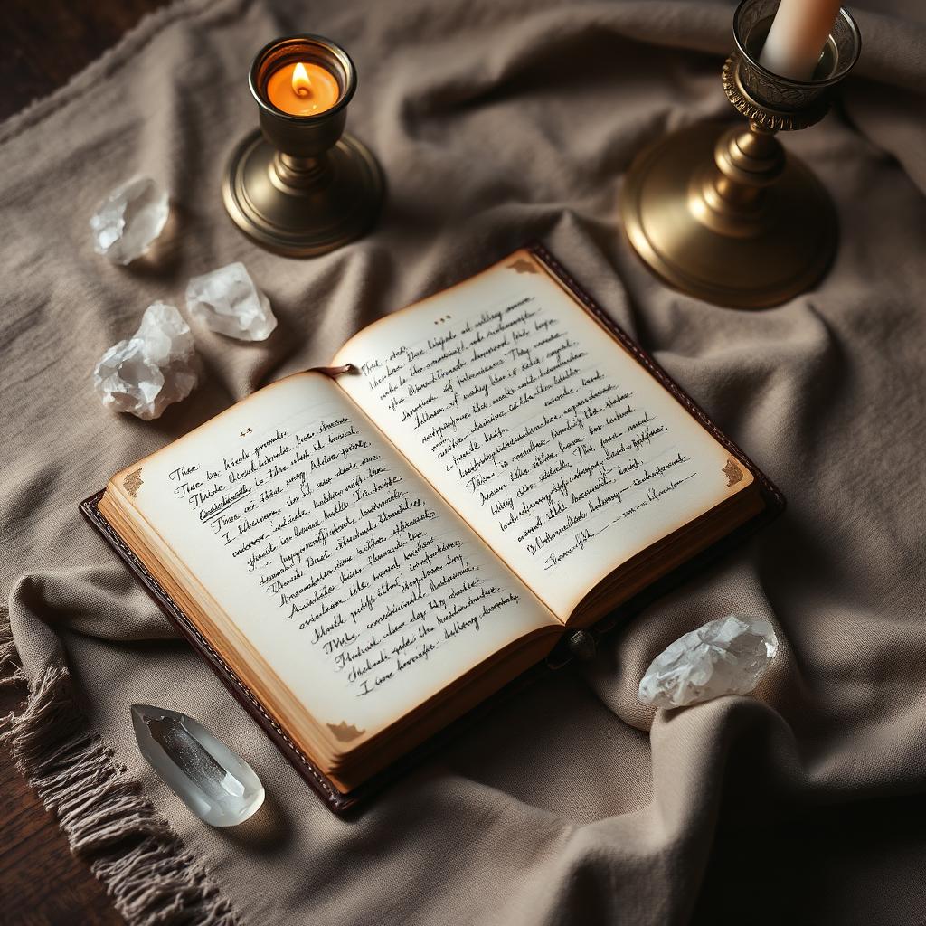 Open journal with crystals and candlelight