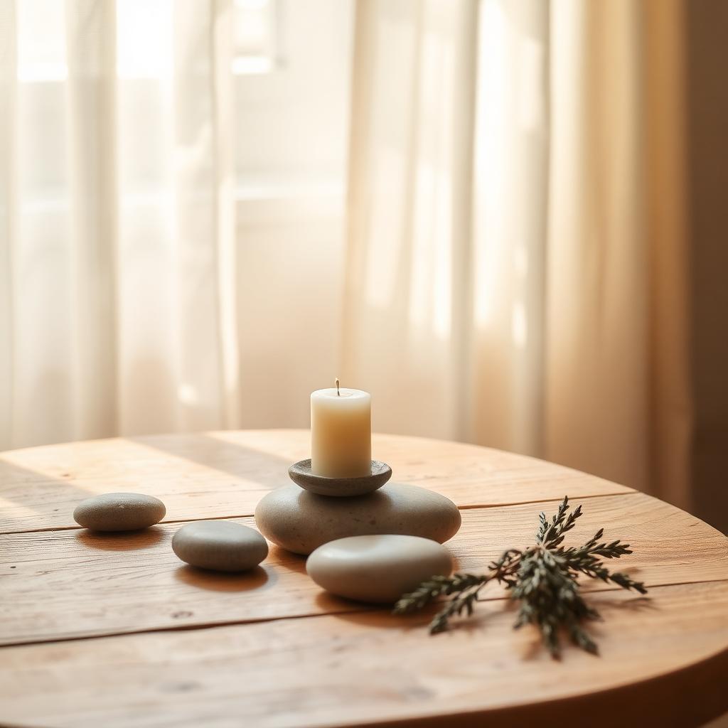 Candle and stones in soft window light