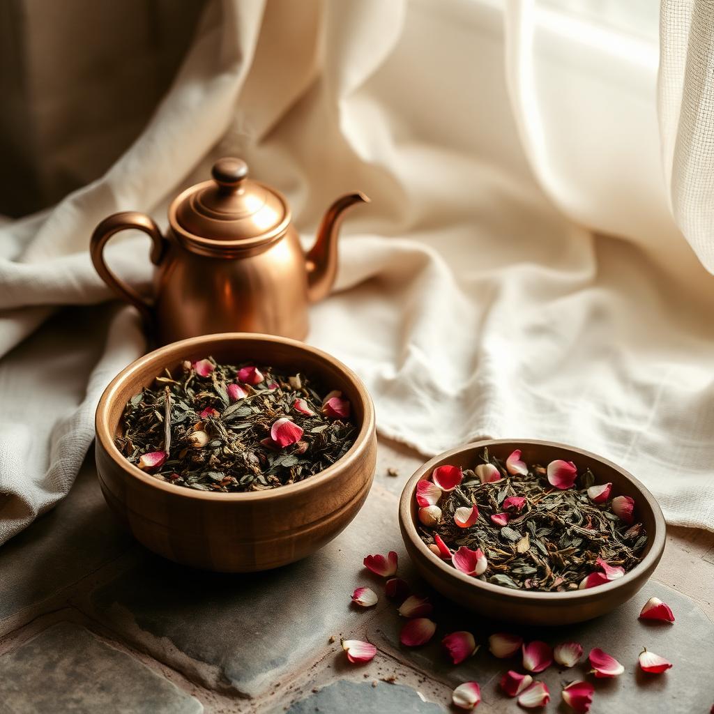 Elegant yoni steam setup with dried herbs and warm candlelight